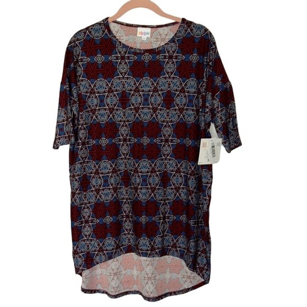 XS Tunic Hi Low Celtic Cross Geometric NWT LuLaRoe Irma Top Maroon Red Blue